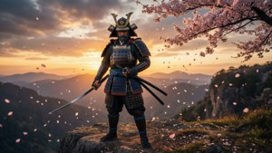全副武裝的武士戰士在懸崖邊，夕陽下櫻花飄落，手持劍。