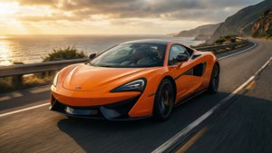 橙色McLaren在金色日落時分於海岸公路上飛馳。