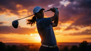 高爾夫球手在日落時揮桿，橙色天空和雲彩