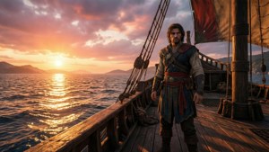 海盜站在船甲板上，金色夕陽映照海洋，遠處有山脈