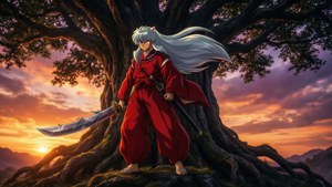 銀發動漫戰士身穿紅色長袍，手持劍站在巨樹旁，日落時分