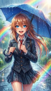 穿著校服的動漫女孩在雨中藍色雨傘下微笑，背景有彩虹。
