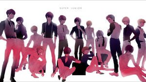K-pop組合Super Junior的動漫風格肖像，以時尚姿勢和粉紅-紅色漸變燈光呈現。 — 動畫小孩 壁紙