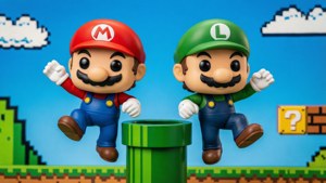 Mario 同 Luigi 公仔喺像素化嘅電子遊戲場景中由綠色管道跳出來