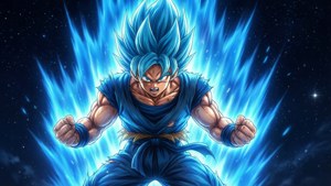 藍髮動漫戰士在太空中握緊拳頭散發能量