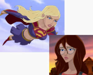Supergirl 在日落時分在戴眼鏡的女性旁邊的天空中飛翔。 — 超人 壁紙