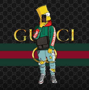 Bart Simpson穿著Gucci和Supreme服裝，在品牌背景前自拍。