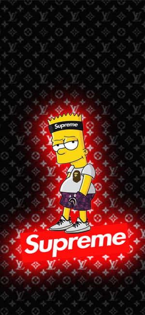 Bart Simpson 穿著 Supreme 和 Louis Vuitton 街頭服飾，帶有發光的紅色光環。