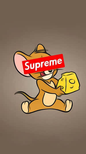 卡通老鼠拿著芝士，臉上帶有Supreme標誌。