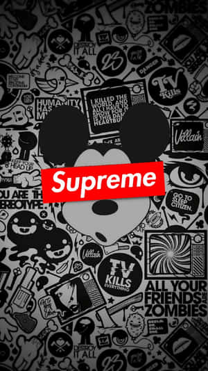 Supreme標誌與米奇老鼠剪影，置於黑白塗鴉背景上。