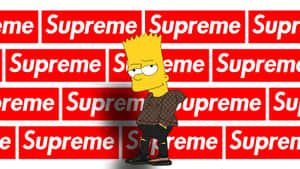 巴特·辛普森穿著圖案外套站在紅色Supreme標誌牆前。