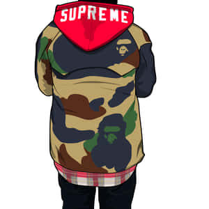 穿著帶有紅色Supreme帽子和BAPE標誌的迷彩連帽衫的人。
