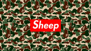 迷彩牆紙，帶有羊臉和紅色 'Sheep' 標誌。