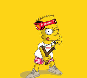 Bart Simpson 穿著 Supreme 裝備在黃色背景前拿著彈弓。