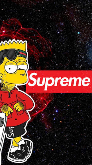 身穿紅色Supreme外套的巴特·辛普森站在一個星空宇宙背景前。