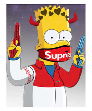 巴特·辛普森帶著惡魔角和心形頭髮，手持Supreme裝備的水槍。