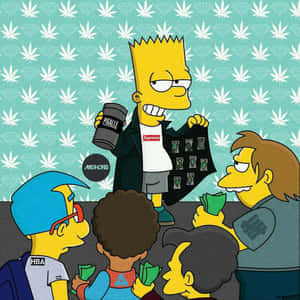 Bart Simpson 穿著 Supreme 外套，被粉絲包圍並遞上現金，背景有圖案。