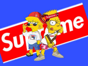 Lisa和Bart Simpson穿著Supreme服裝，在藍色背景上的紅色Supreme標誌前擺姿勢。 — iPhone 鎖定畫面 GIF 壁紙