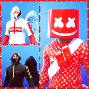 三個穿著品牌服裝、帶有天使翅膀的Fortnite角色，背景為藍色。 — 紅色 壁紙