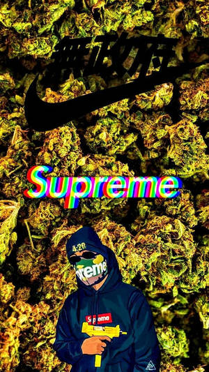 穿著Supreme連帽衫和口罩的人拿著玩具槍，背景是大麻。