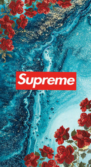 藍色大理石上的紅玫瑰，帶有金色斑點和紅色Supreme標誌。