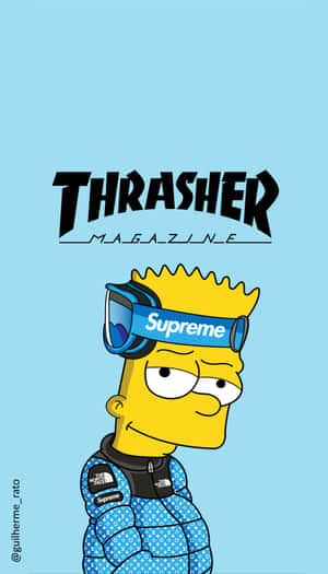 巴特·辛普森穿著街頭服飾，淺藍色背景上有 Thrasher Magazine 標誌。 — 藍色 壁紙