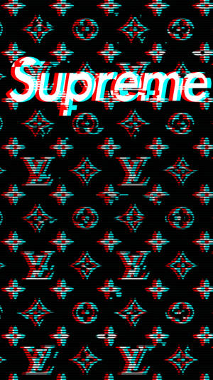 帶有故障效果的Supreme標誌覆蓋在Louis Vuitton字母組合圖案上。