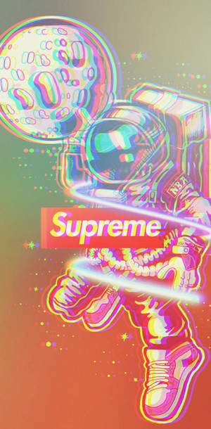 身穿Supreme裝備的霓虹太空人，在太空中與發光氣泡和星星一起漂浮。