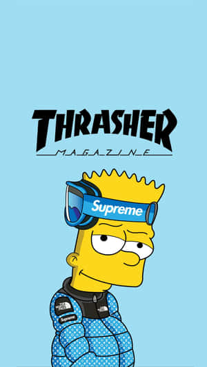 Bart Simpson 身穿藍色圖案外套和 Supreme 護目鏡，帶有 Thrasher Magazine 標誌。