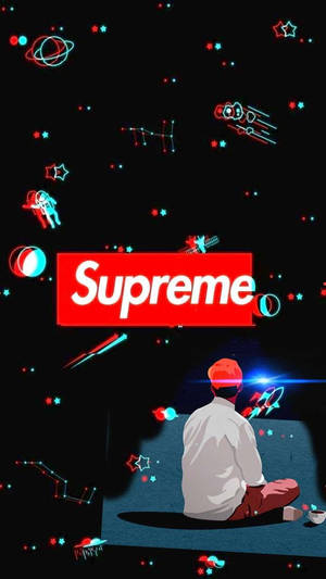 戴紅色帽嘅人坐喺地板上面，望住有 Supreme 標誌嘅霓虹太空場景。