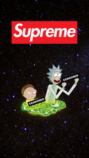Rick同Morty喺黏液波上喺太空，Supreme標誌下有被審查嘅標籤。