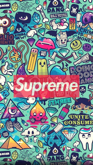 青綠色背景，帶有卡通圖標和紅色Supreme標誌。
