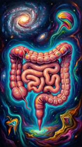 一條發光的粉紅色腸道漂浮在色彩繽紛的宇宙空間中，周圍有旋轉的星系和星雲。
