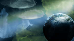 一個被發光星雲和半透明水母包圍的太空行星。 — 外太空 壁紙