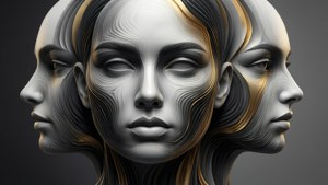 超現實數碼肖像，以層疊流動的金色和銀色線條形成多重輪廓。