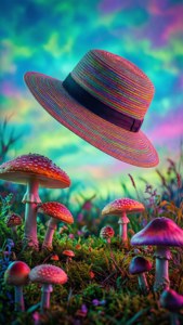 一頂漂浮的彩虹帽子懸浮在魔法森林中的發光蘑菇上方。