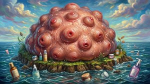 超現實的島嶼，有肉質團塊和漂浮在海洋中的美容產品。