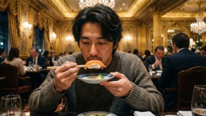 男子在豪華金色餐廳用筷子吃壽司