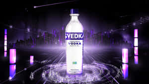 霓虹紫色未來城市景觀中的Svedka伏特加酒瓶