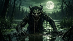 滿月下從沼澤水中升起的可怕長角惡魔