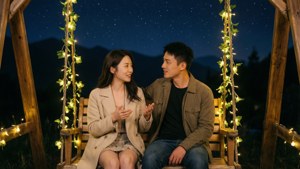 一對情侶在星空下、串燈旁的鞦韆上微笑交談。