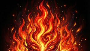 在深色背景上帶有發光餘燼的橙色、黃色和紅色的動態風格化火焰