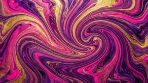 抽象流體藝術，帶有漩渦狀的洋紅色、紫色和金色金屬漆圖案