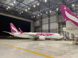 兩架Swoop飛機夜間停放在機庫內。