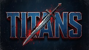 一把銀色劍刺穿深色紋理背景上的藍色和紅色 Titans 標誌。