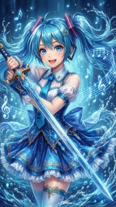 藍髮動漫女孩手持發光的劍，被水和音符包圍。