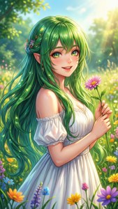 一個綠色頭髮的精靈在陽光明媚、開滿五顏六色花朵的花園裡拿著一朵粉紅色的花。