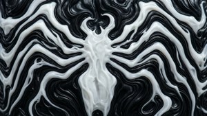 光澤的黑色和白色液體漩渦形成對稱的抽象圖案。