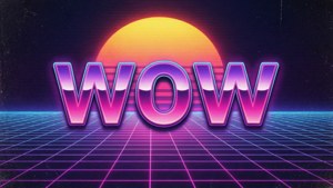 在數位網格上帶橙色日落背景的發光紫色、粉紅色和藍色 'WOW' 文字
