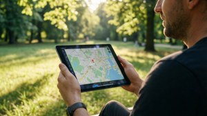 男子在陽光普照的公園使用平板電腦查看地圖